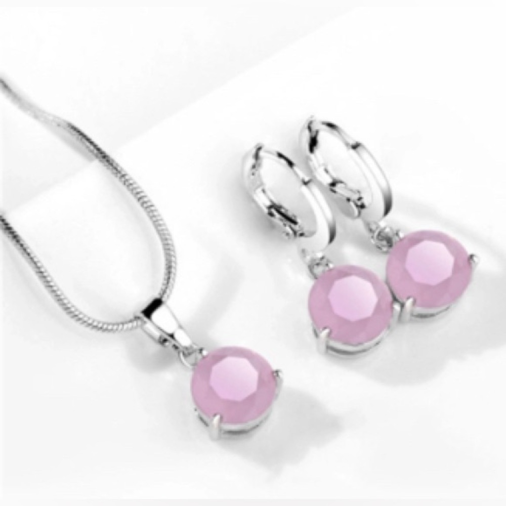 🚨Rhodium Plated and Pink Jade Jewelry Set